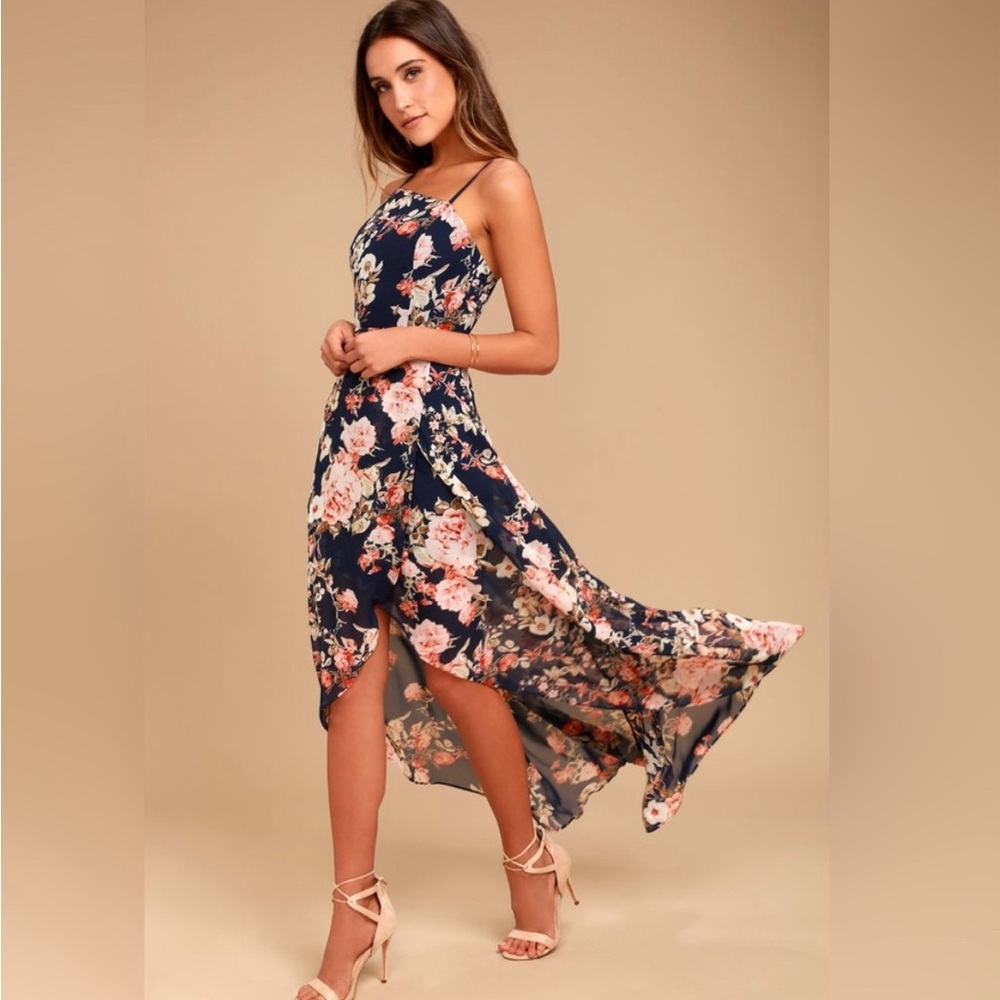 Lulu’s Reflection Navy Blue Floral Print High-low Dress Size XL